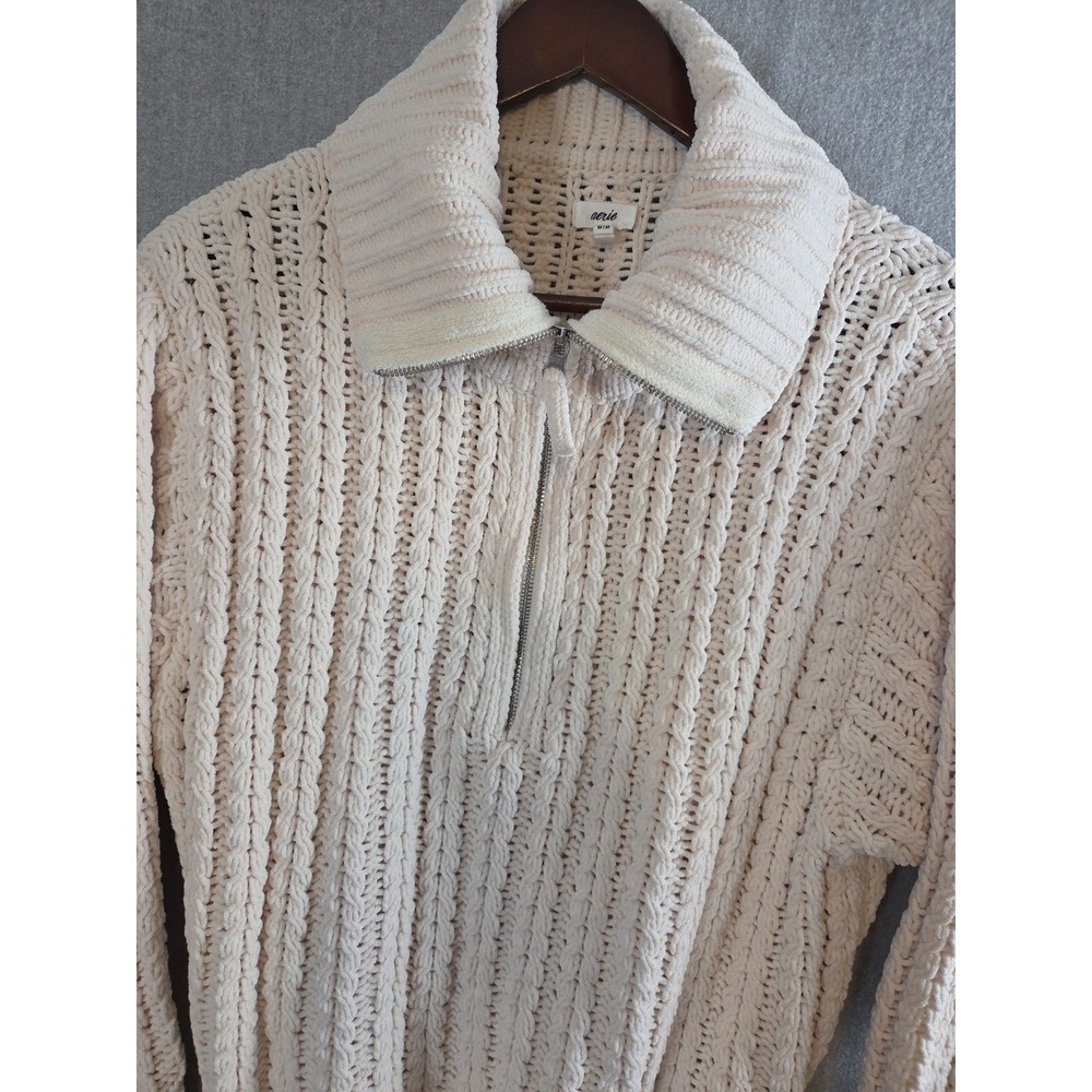Aerie Womens M Chunky Oversized 1/4 Zip Knit Soft Butter Sweater Crochet Boho